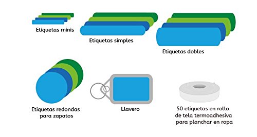 Pack de 146 etiquetas para marcar ropa y objetos. (Paleta 5) 50 etiquetas de tela + 84 etiquetas adhesivas + 12 etiquetas para zapatos + 1 llavero