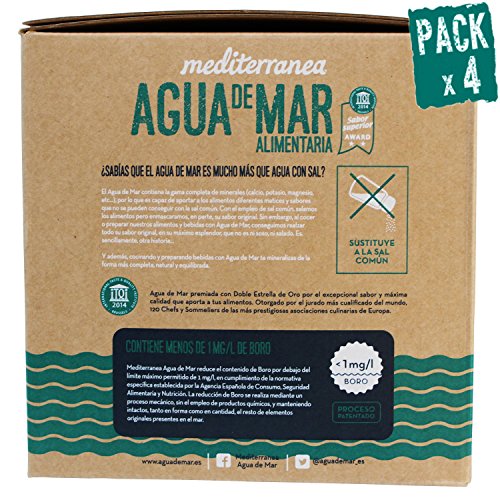 Pack de 4 uds Agua de mar alimentaria Mediterranea, envase eco de 5 Litros, aporta 78 minerales y oligoelementos, realza el sabor original de tus comidas sin necesidad de añadir sal