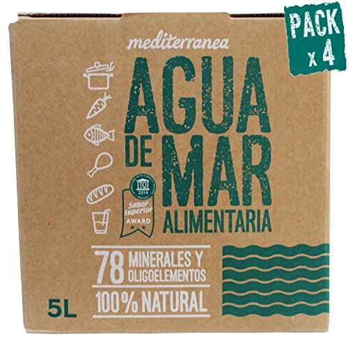 Pack de 4 uds Agua de mar alimentaria Mediterranea, envase eco de 5 Litros, aporta 78 minerales y oligoelementos, realza el sabor original de tus comidas sin necesidad de añadir sal