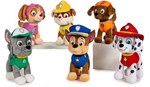 PATRULLA CANINA (PAW PATROL) - PELUCHE PERSONAJE RUBBLE, BULLDOG INGLÉS ESPECIALISTA EN CONSTRUCCIÓN (30CM DE PIE) CALIDAD SUPER SOFT - COLOR AMARILLO -