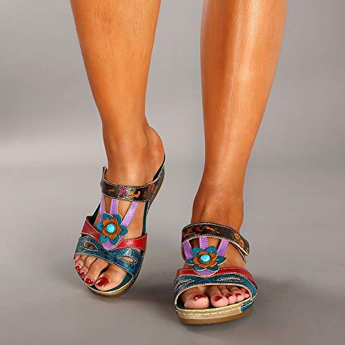 Plataformas Sandalias Mujer, Morbuy Cuña Verano Moda Cómodosandalias Planas Punta Abierta Tacón Ancho Transpirable Confort Antideslizant Plantilla Zapatillas (40,Estilo étnico Azul)