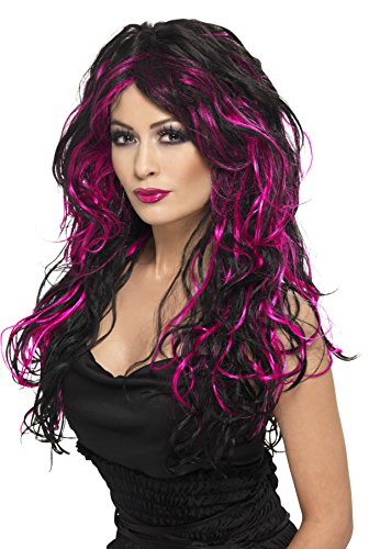 Smiffys-23052 Peluca de Novia gótica, Larga y con mechas, Color Rosa y Negro, Tamaño único (Smiffy'S 23052)