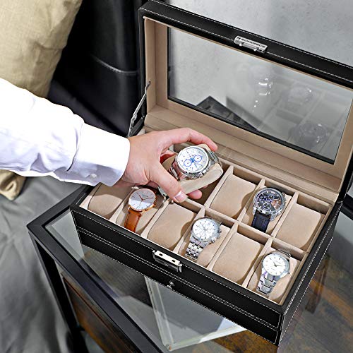 Songmics JWB012 - Caja para 12 de relojes y cajón joyería, soporte de exhibición con vitrina, color negro y crema