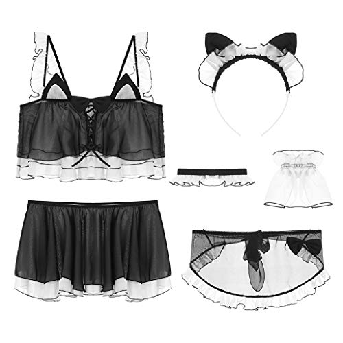 suoryisrty Womens Cute Cat Ears Cosplay Lencería Set Lolita Anime Chiffon Ruffles Crop Top Falda Delantal Sexy Maid Costume Uniform Nightwear - Negro