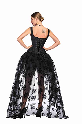 SZIVYSHI Mujer Sexy Gótico Vintage Steampunk Brocado Lace Satén Bone Correa Corset Bustier Top Negro Corsé con Negro Largo Falda 2XL