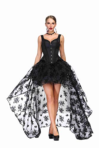 SZIVYSHI Mujer Sexy Gótico Vintage Steampunk Brocado Lace Satén Bone Correa Corset Bustier Top Negro Corsé con Negro Largo Falda 2XL