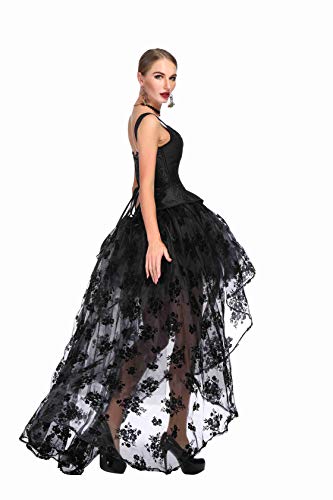 SZIVYSHI Mujer Sexy Gótico Vintage Steampunk Brocado Lace Satén Bone Correa Corset Bustier Top Negro Corsé con Negro Largo Falda 2XL