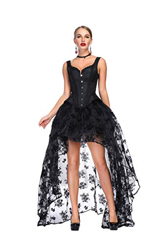 SZIVYSHI Mujer Sexy Gótico Vintage Steampunk Brocado Lace Satén Bone Correa Corset Bustier Top Negro Corsé con Negro Largo Falda 2XL