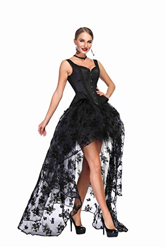 SZIVYSHI Mujer Sexy Gótico Vintage Steampunk Brocado Lace Satén Bone Correa Corset Bustier Top Negro Corsé con Negro Largo Falda 2XL