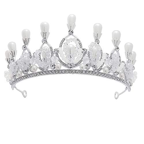 Tiaras Corona Mujer, Queen Crown Barroco De Plata Hecho A Mano Con Cuentas De Cristal De Perlas De Imitación De Flores Para Adultos Diademas Para Niñas Joyería Para El Cabello Boda Nupcial Fiest