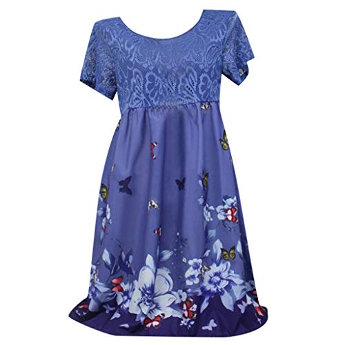 Vestido Mujer SHOBDW 2019 Nuevo Sexy Manga Corta Cuello Redondo Cintura Alta Elegante Estampado Floral Playa de Verano Vestido Mujer Fiesta Tallas Grandes S-5XL(Armada,5XL)