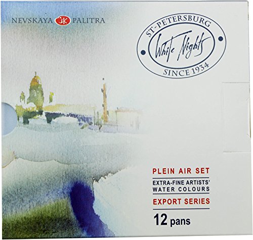 White Night Artists - Juego de 12 sartenes enteros para acuarela, caja de plástico