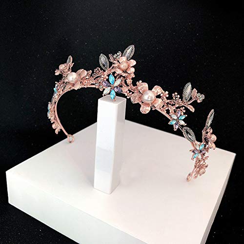 WSXEDC Tiaras Corona Mujer, Queen Crown Barroco Oro Rosa Vintage Imitación Perla Flor Circonita Adultos Diademas para Niñas Joyería para El Cabello Boda Nupcial Fiesta De Cumpleaños Graduación Regalo