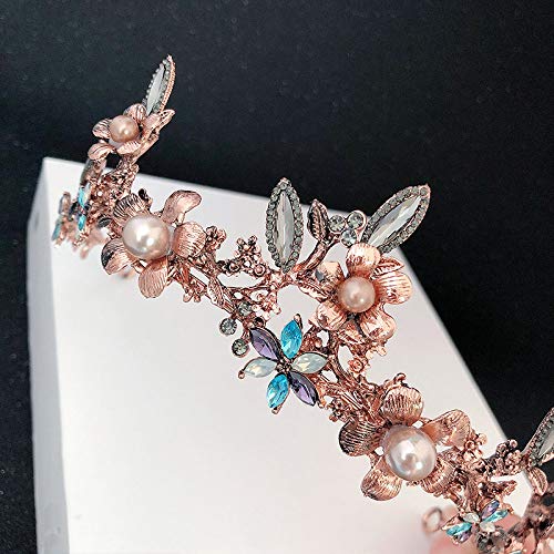 WSXEDC Tiaras Corona Mujer, Queen Crown Barroco Oro Rosa Vintage Imitación Perla Flor Circonita Adultos Diademas para Niñas Joyería para El Cabello Boda Nupcial Fiesta De Cumpleaños Graduación Regalo
