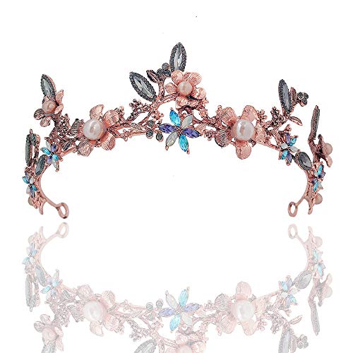 WSXEDC Tiaras Corona Mujer, Queen Crown Barroco Oro Rosa Vintage Imitación Perla Flor Circonita Adultos Diademas para Niñas Joyería para El Cabello Boda Nupcial Fiesta De Cumpleaños Graduación Regalo