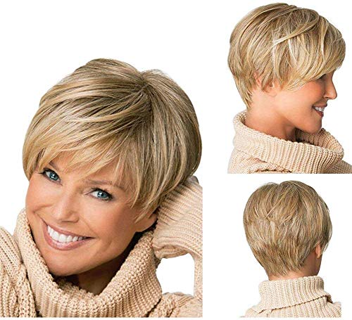 Yxshz elegante nuevo rubio corto ligero ondulado pelo peluca resistente al calor para mujeres señora