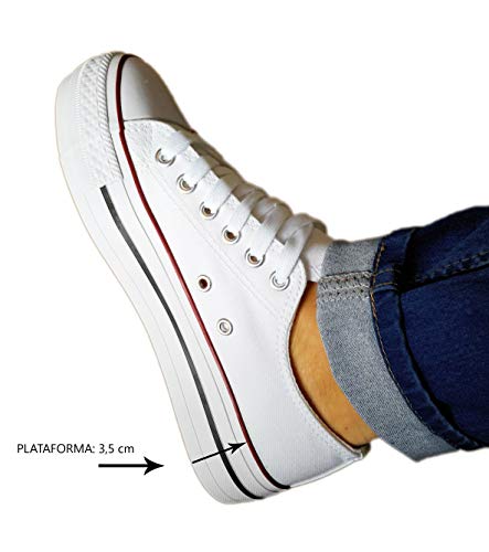 Zapatillas Blancas Mujer con Plataforma Deportivas Canvas de Lona Sin Marca Ni Logotipos, Suela Doble Blanco T.41