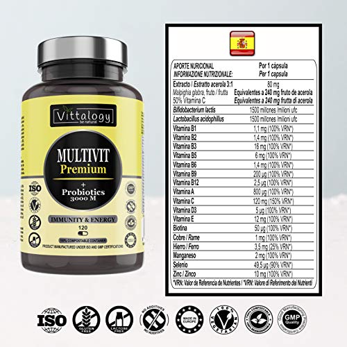 Vittalogy Multivit Premium. Multivitaminas Con Sales Minerales y Probióticos. Combate El Cansancio Y Aumenta Las Defensas. Hombre Y Mujer. Mejora En El Deporte Y Estudio. 120 Cápsulas.