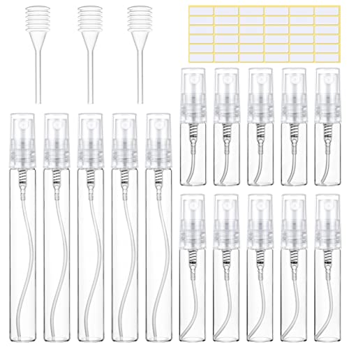 15 Piezas Atomizador Vidrio Mini, Pulverizador Perfume Recargable Dispensador Portatil Perfume Bote de Spray Viaje Cristal, 3ml/5ml/10ml, Transparente