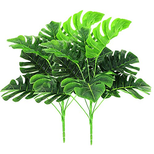 2 paquetes de plantas artificiales al aire libre - Fake Plastic Greenery Tropical arbustos hojas de palma para interior exterior Casa House Garden Office decoración de la fiesta de bodas