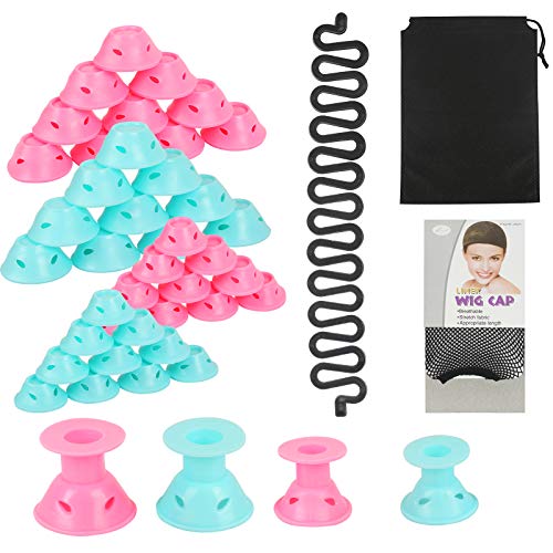 40PCS Rulos para el Pelo de Silicona AirSMall Silicone Hcurler sin Calor Suaves Bigudies Pelo Magic Cuidado del Cabello Silicona Rulos para Señoritas Estudiantes Ladies(Rosado, Azul)
