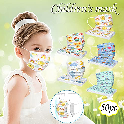 50PCS Kids Fashion Face Bandana Desechable 3_ply Rainbow Cloud Print Uso Transpirable Para Niños
