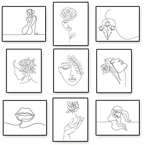 9 Pinturas de Arte de Pared Minimalistas Decoración Pared de Línea Mínima de Mujer sin Marco Póster Estético de Mujer Abstracta de 20 x 25 cm Impresión de Arte de Línea Moderna Femenina