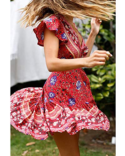 Abravo Mujer Vestido?Bohemio Corto Florales Nacional Verano Vestido Casual Magas Cortas Chic de Noche Playa Vacaciones,Rojo y Azul,S
