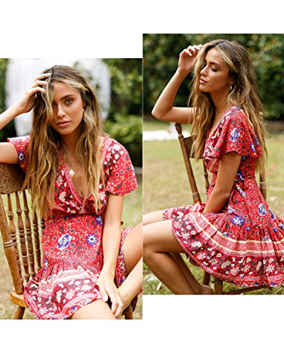 Abravo Mujer Vestido?Bohemio Corto Florales Nacional Verano Vestido Casual Magas Cortas Chic de Noche Playa Vacaciones,Rojo y Azul,S