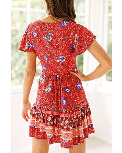 Abravo Mujer Vestido?Bohemio Corto Florales Nacional Verano Vestido Casual Magas Cortas Chic de Noche Playa Vacaciones,Rojo y Azul,S