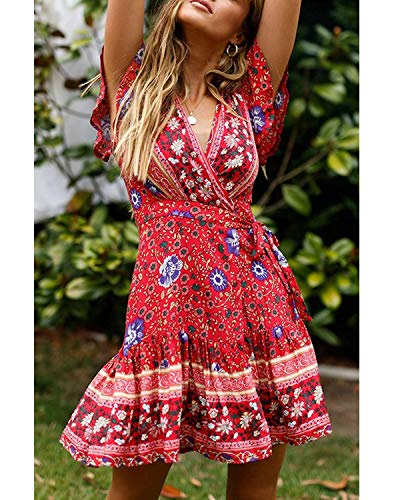 Abravo Mujer Vestido?Bohemio Corto Florales Nacional Verano Vestido Casual Magas Cortas Chic de Noche Playa Vacaciones,Rojo y Azul,S
