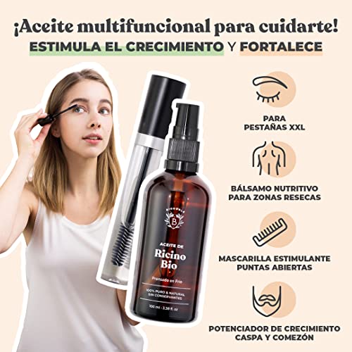 ACEITE DE RICINO ORGÁNICO | 100% Puro, Natural y Prensado en Frío | Pestañas, Cejas, Cuerpo, Cabello, Barba, Uñas | Vegan Castor Oil | Botella de Vidrio + Pipeta + Bomba + Kit de Rímel (100ml)