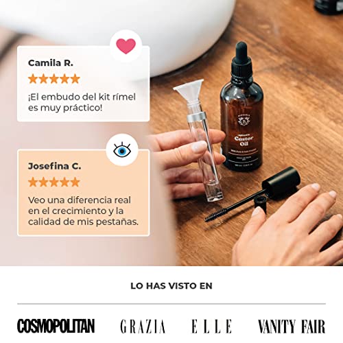 ACEITE DE RICINO ORGÁNICO | 100% Puro, Natural y Prensado en Frío | Pestañas, Cejas, Cuerpo, Cabello, Barba, Uñas | Vegan Castor Oil | Botella de Vidrio + Pipeta + Bomba + Kit de Rímel (100ml)