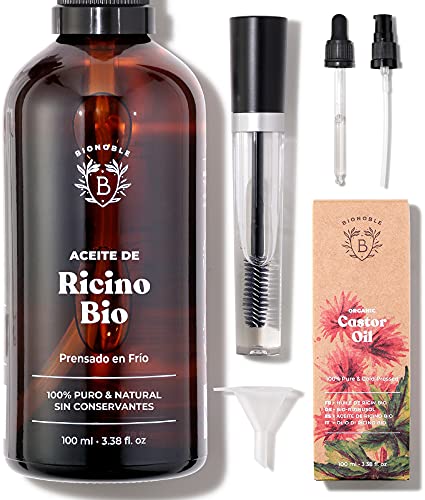 ACEITE DE RICINO ORGÁNICO | 100% Puro, Natural y Prensado en Frío | Pestañas, Cejas, Cuerpo, Cabello, Barba, Uñas | Vegan Castor Oil | Botella de Vidrio + Pipeta + Bomba + Kit de Rímel (100ml)