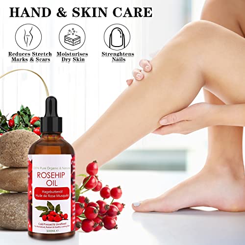 Aceite de Rosa Mosqueta Puro 100ml con Ácidos Grasos Insaturados, 100% Natural Aceite Prensado en Frío Hidratante para Anti-envejecimiento, Desvanece la Cicatriz, Revitaliza la Facial Piel y Cabello