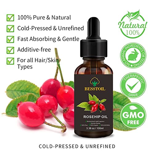 Aceite de semilla de rosa mosqueta orgánico para la cara, 100% puro natural prensado en frío sin refinar no portador de OMG aceite facial hidratante antienvejecimiento para piel,cabello y uñas(100 ml)