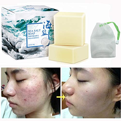 AJUMKER Jabón de sal de mar hecho a mano Limpiador de leche de cabra Espinilla Poros Remoción Tratamiento para el acné Hidratante Cuidado facial 100 g