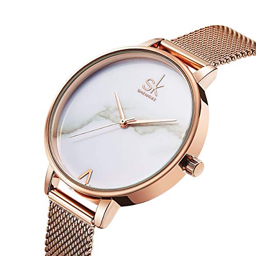 Alienwork Reloj Mujer Oro Rosa Banda de Malla Metálica Blanco Ultra-Delgada Elegante
