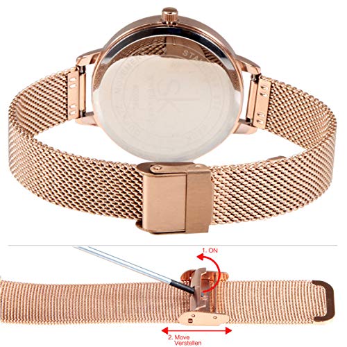 Alienwork Reloj Mujer Oro Rosa Banda de Malla Metálica Blanco Ultra-Delgada Elegante