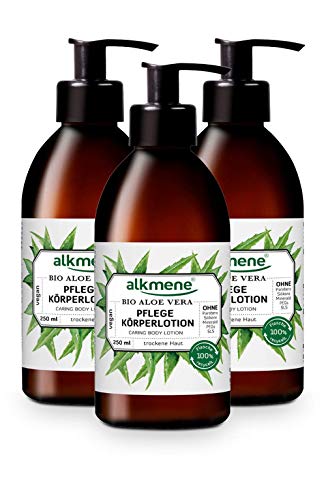 alkmene loción corporal con aloe vera orgánico - Crema hidratante para piel normal a seca - producto vegano sin siliconas, parabenos ni PEGs, SLS y SLES - loción (3x 250 ml)