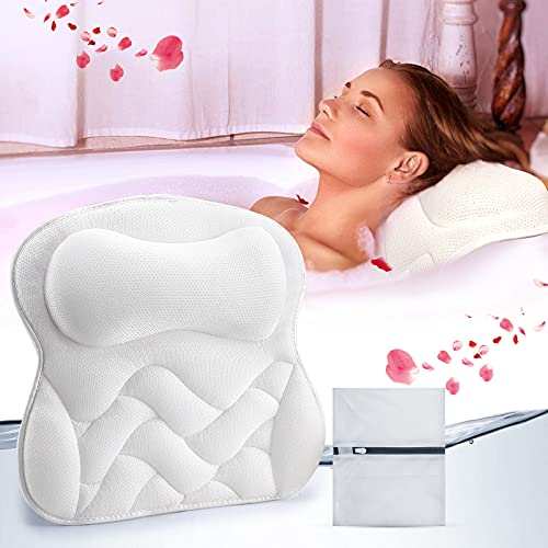 Almohada de baño antideslizante para bañera con tecnología de malla de aire 5D y 6 ventosas que admiten el cuello de la cabeza, se adapta a todas las bañeras, viene con bolsa de lavandería