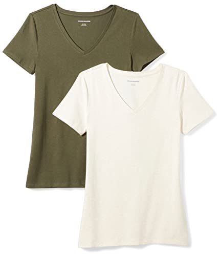 Amazon Essentials Camiseta de manga corta clásico con cuello en V, Mujer, Verde (Oliva/Avena Jaspeado), XL, pack de 2