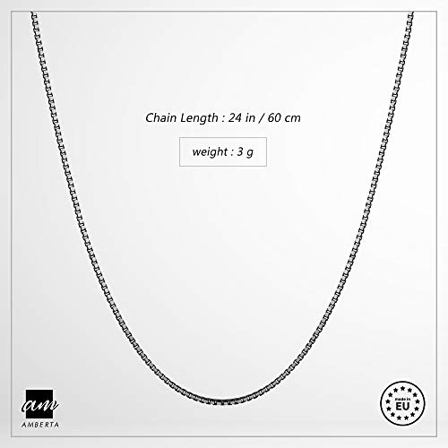 Amberta - Collar para Hombre y Mujer en Plata de Ley 925 Chapado Rodio Negro con Cadena de Eslabón Cuadrado - Colección Royal Black: 60 cm de largo y 1 mm de ancho