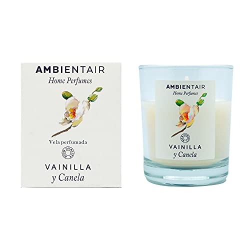 Ambientair Home Perfume. Vela aromática Vainilla y Canela, ambientador de vainilla y canela, Vela aromática para casa, Aromaterapia, Vela en vaso de cristal para interiores. Duración 30 horas.