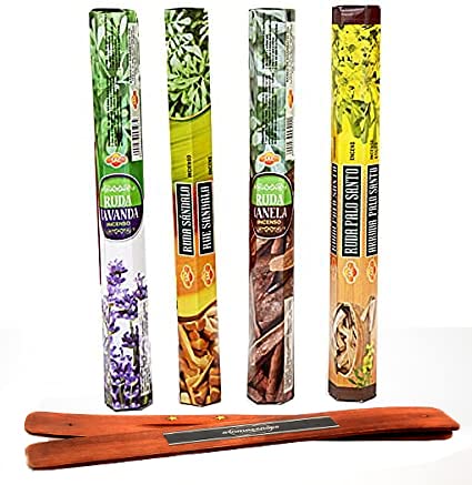 AROMASENSES Sac inciensos 4 cajetillas con 20 Varillas Cada una, Ruda-Lavanda, Ruda-Sándalo, Ruda-Canela y Ruda-Palo Santo + Tablilla Aromasenses de Regalo