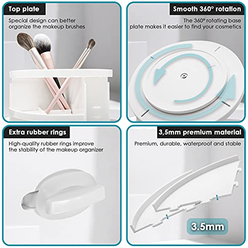 Auxmir Organizador de Maquillaje de Rotación 360°, Organizador Cosmético de Belleza Ajustable, Caja Cosmética de Maquillaje para Tocador, Baño, Dormitorio, Blanco