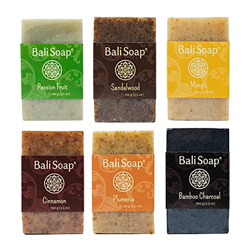 Bali Soap - Juego de regalo de barra de jabón natural, jabón facial o corporal, paquete de 6 jabones variados (maracuyá, sándalo, mango, canela, plumeria, carbón de bambú) 3.5 oz cada uno