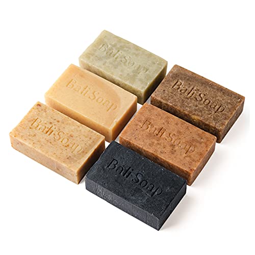 Bali Soap - Juego de regalo de barra de jabón natural, jabón facial o corporal, paquete de 6 jabones variados (maracuyá, sándalo, mango, canela, plumeria, carbón de bambú) 3.5 oz cada uno