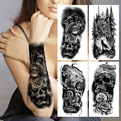 Bilizar 22 Hojas Tatuajes Temporales Adultos Mujer Hombre León Lobo Calavera Rosa Reloj Brújula Grande Kit Tatuajes Falsos Niños Niñas Negro Realista 3D Tatuajes Adhesivos Brazo Antebrazo Cuello Manga