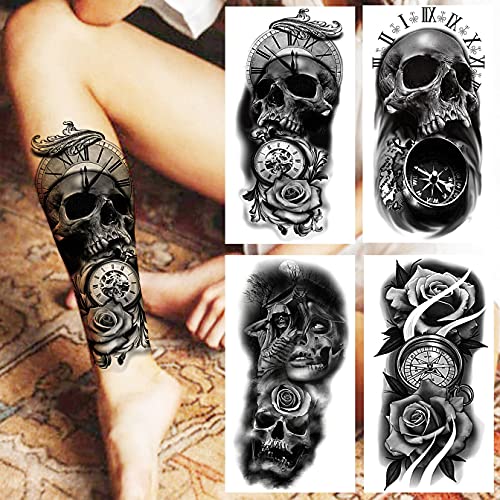 Bilizar 22 Hojas Tatuajes Temporales Adultos Mujer Hombre León Lobo Calavera Rosa Reloj Brújula Grande Kit Tatuajes Falsos Niños Niñas Negro Realista 3D Tatuajes Adhesivos Brazo Antebrazo Cuello Manga